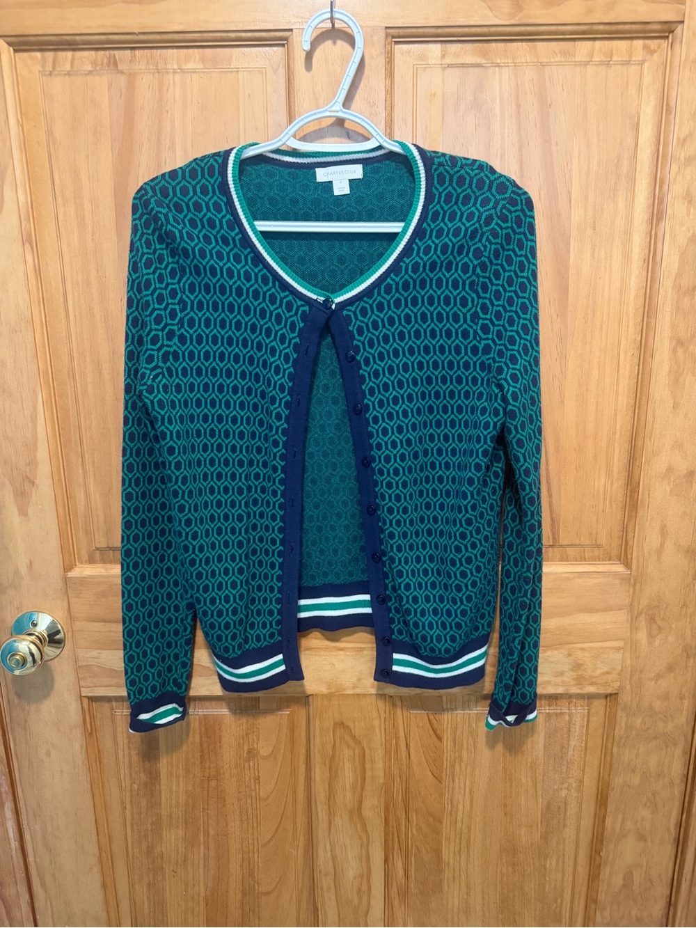 Charter Club Teal and Navy Geometric Cardigan